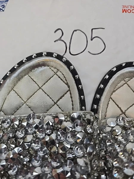 Fashion Nova Sandals Womans 10 Silver Slip On Flats Rhinestones City Club Preppy