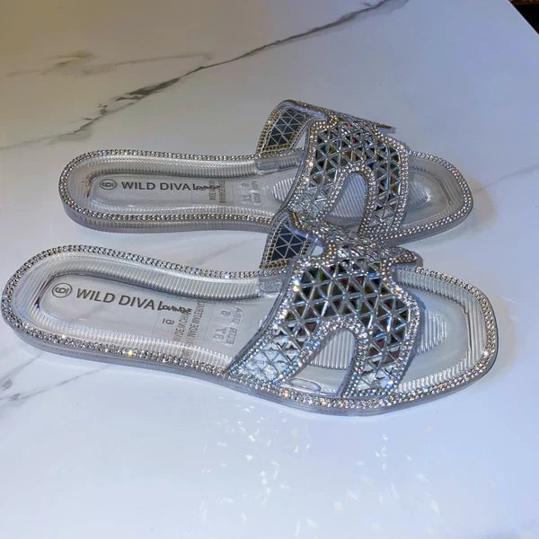 NEW 2x pairs 6 Clear Black Jelly Flat Sandals Wedding Slides Rhinestone Silver