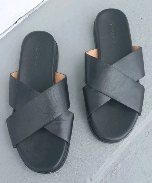 MADEWELL Size (9) Black Women's Upper Leather Criss-Cross Slip On Sandals