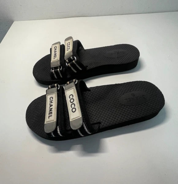Chanel Coco Slides Black Size 39 Rubber Fabric Logo Sandals G34729 Women’s