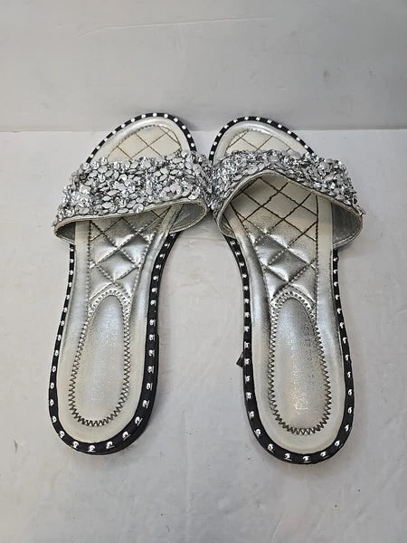 Fashion Nova Sandals Womans 10 Silver Slip On Flats Rhinestones City Club Preppy