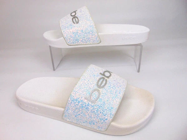 Bebe Womens Fraida Glitter Slide Fashion Sandals Flats Size 7.0 M, White Glitte