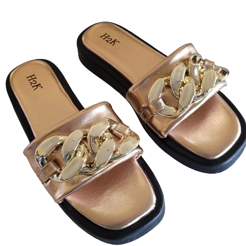 H2K Chain Rose Gold Fashion Comfort Soft Slides Flip Flops Sandals  Open Toe New