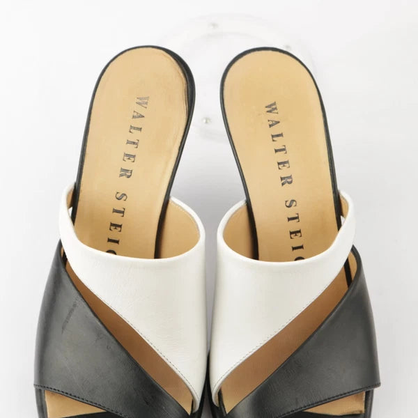 Walter Steiger Italy Women's Sandal Size 8 Block Heel Mule Slide Black White