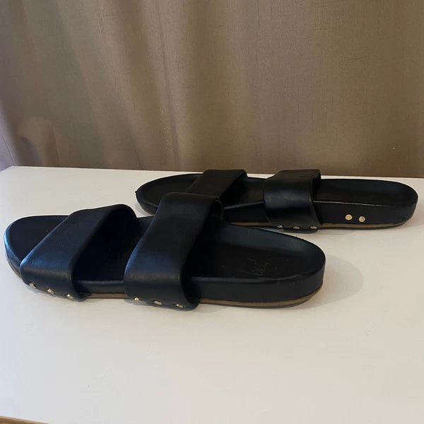 beek Black Leather Double Strap Slide Sandals Minimalist Style