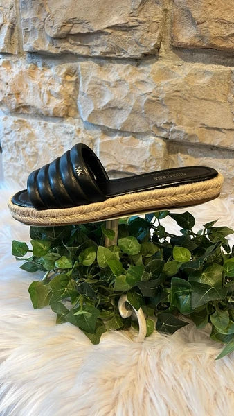 Michael Kors Royce Black Quilted Slides Espadrille Jute - Size 6/7