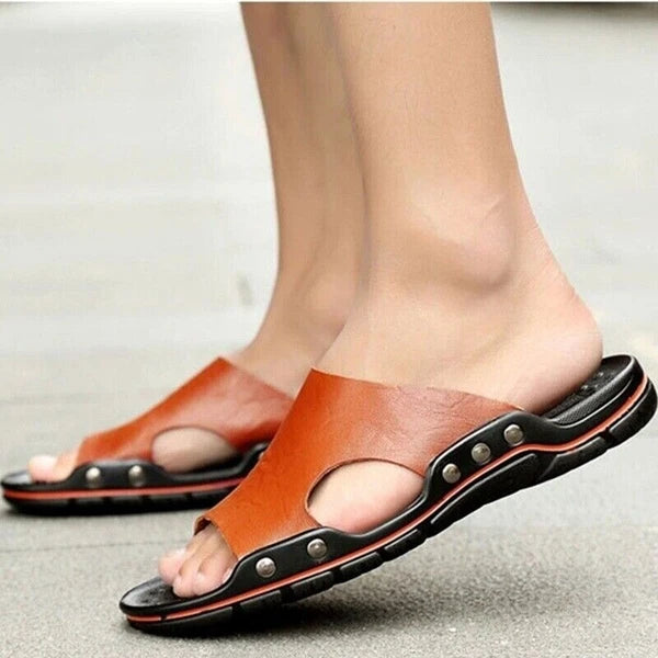 Mens Leather Slippers Summer Beach Fashion Sandals Casual Flats Slides Plus Size