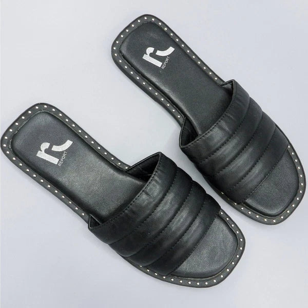 Report Rosalee Puff Slide Sandals Studded Sz 7 Black Faux Leather Square Toe