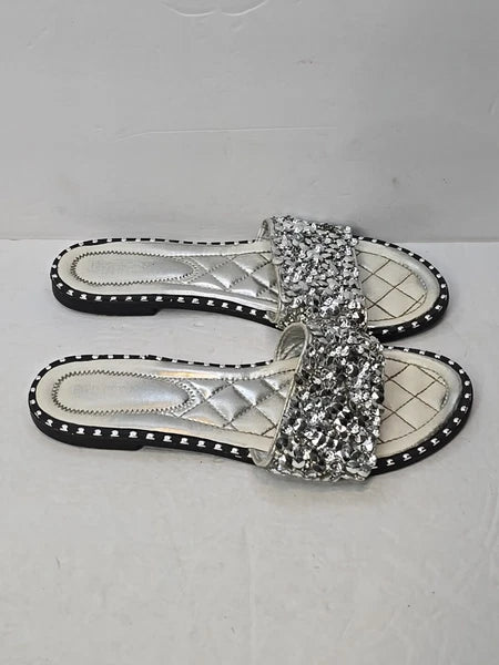 Fashion Nova Sandals Womans 10 Silver Slip On Flats Rhinestones City Club Preppy
