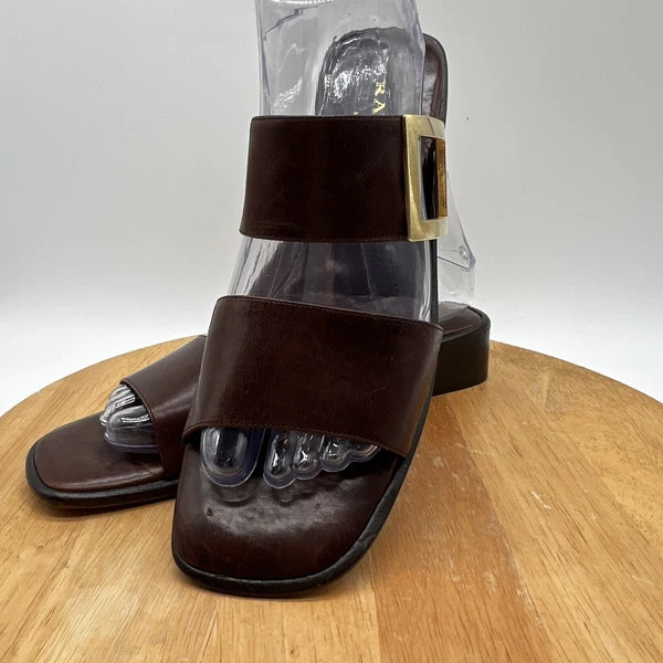 Rangoni Firenze Brown Leather Open-Toe Sandals 8 1/2 AA Made Italy Gold Buckle