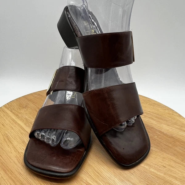 Rangoni Firenze Brown Leather Open-Toe Sandals 8 1/2 AA Made Italy Gold Buckle