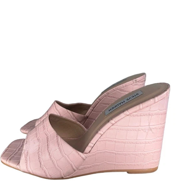 Steve Madden Croc Embossed Wedge Slide Sandal 9.5 Trendy Chic Pastel Pink Veles