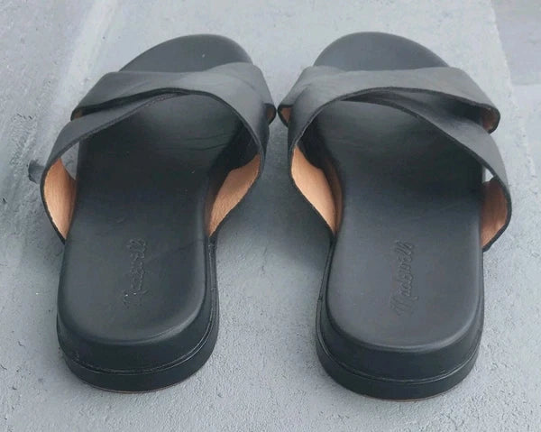MADEWELL Size (9) Black Women's Upper Leather Criss-Cross Slip On Sandals