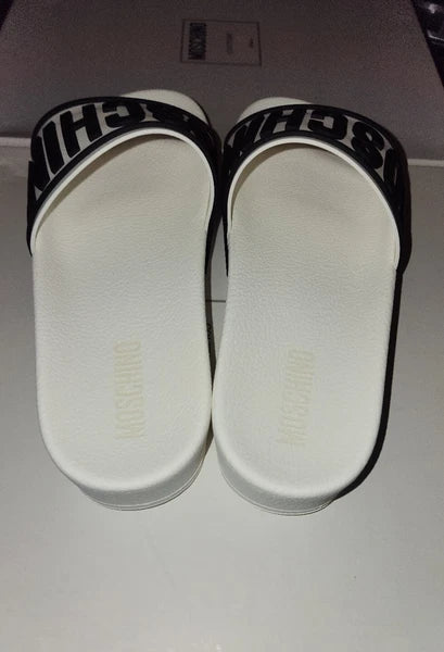 Moschino Womens 8.5 EU 41 Logo Platform Slides Sandals White Black Pool Tulum