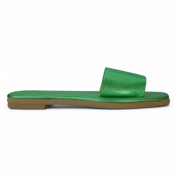 Ancient Greek style green metallic flat real leather slide sandals anatomic