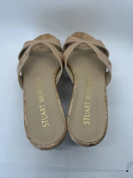 Stuart Weitzman CARMEN Platform Wedges 8 Adobe Slide Sandal Patent Leather $395