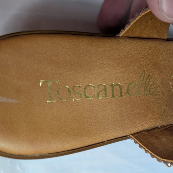 TOSCANELLA Wedge Sandals Size 8 Handmade in Italy Tan Beaded Two Band  BOHO