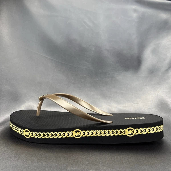 Michael Kors Logo Flip Flops Womens 10 Fashion Sandals Black/Gold RX24D MK Shoes