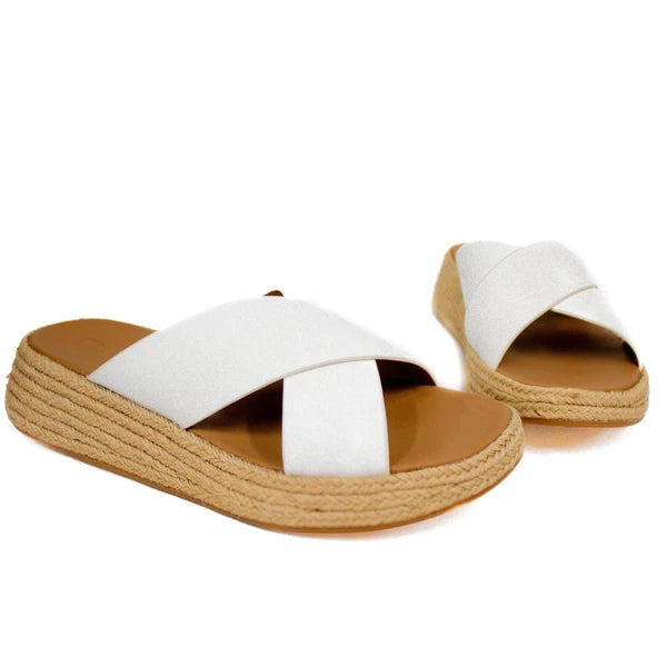 Fitflop F-Mode Leather Urban White Cross Flatform Slide Sandals Women's Size 11
