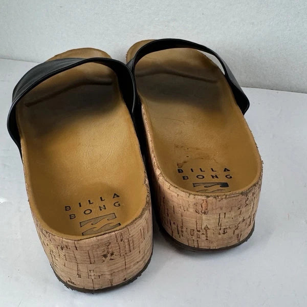 Billabong Black Leather Cork Slide Sandals Women’s 7.5 Comfort Slip On Casual