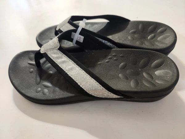 NEW! VIONICA STYLE sz 8 (38) ORTHO SILVER SPARKLE ON BLACK THONG SANDALS  SLIDES
