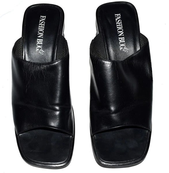 Fashion Bug Black Faux Leather Open Toe Womens Slide Wedge Sandals Size 8.5M