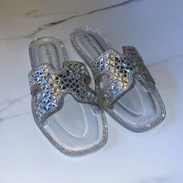 NEW 2x pairs 6 Clear Black Jelly Flat Sandals Wedding Slides Rhinestone Silver