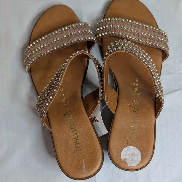 TOSCANELLA Wedge Sandals Size 8 Handmade in Italy Tan Beaded Two Band  BOHO