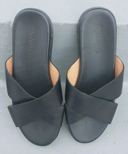 MADEWELL Size (9) Black Women's Upper Leather Criss-Cross Slip On Sandals