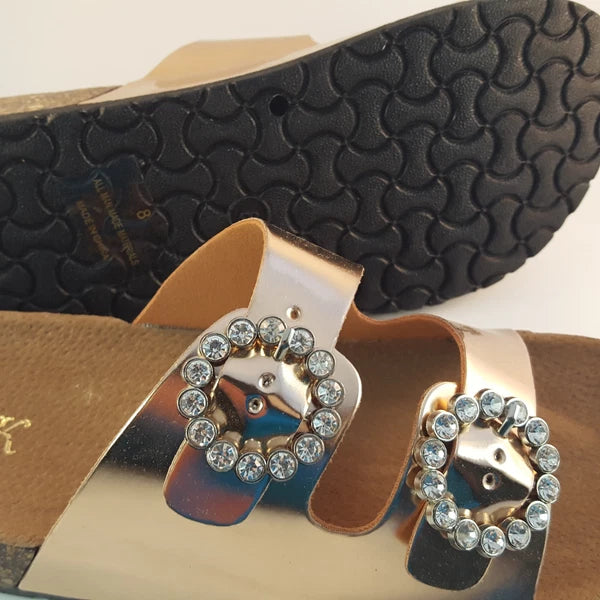 H2K KAREN STONE Buckle Ornament Rose Gold Fashion Slide Flip Flops Sandals Bling