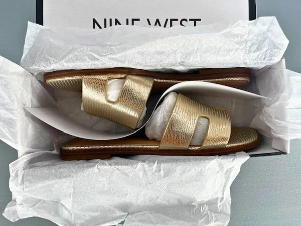 Nine west slide sandals 7.5 med NIB  flat metallic mostly gold H style