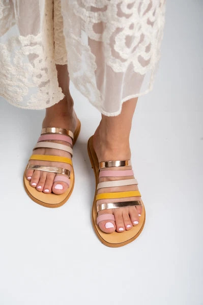 Ancient Greek style real leather strappy slide multicolor sandals handmade