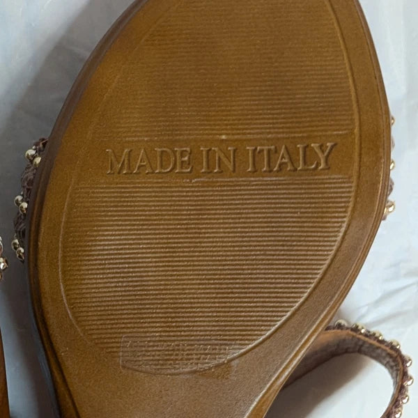 TOSCANELLA Wedge Sandals Size 8 Handmade in Italy Tan Beaded Two Band  BOHO