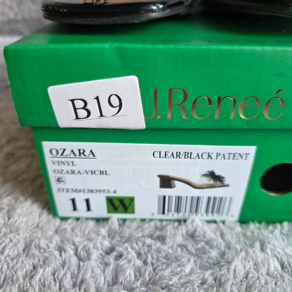 J. Renee Black Pom Pom Patent Clear Vinyl Heeled Sandals - Women's Size 11W