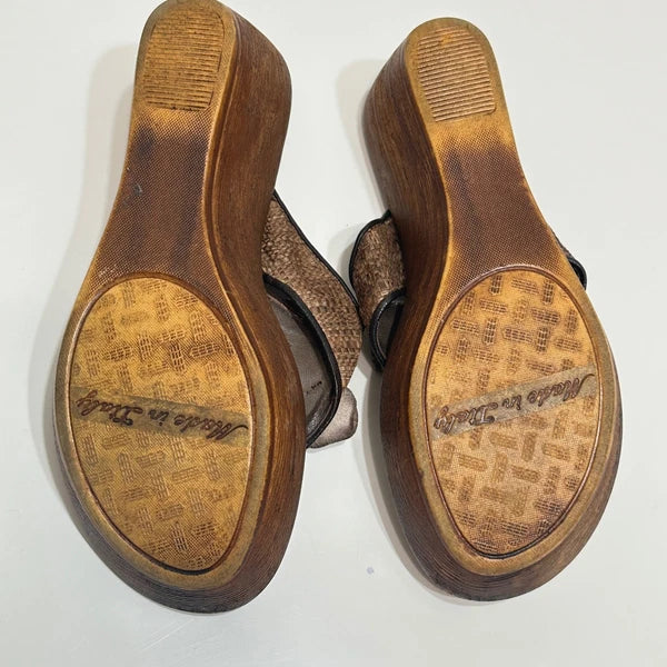 Floral Appliqué Wedge Sandals Women's 7* Made in Italy Thongs Brown Slides Artsy