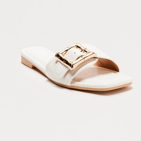 Fashion Nova White Square Toe Chunky Gold Buckle Summer Flat Heel Slide Sandal