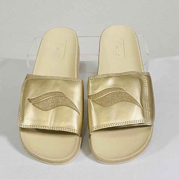 KEDS Slides Womens 7 Metallic Tan Adjustable Hook & Loop Sandals Cushion Foam