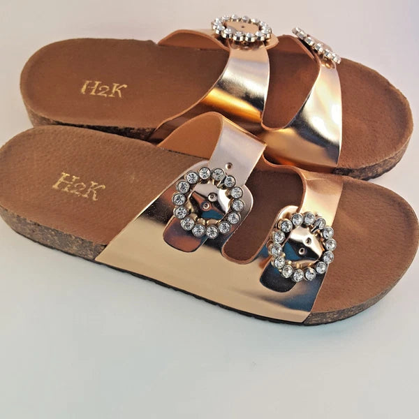 H2K KAREN STONE Buckle Ornament Rose Gold Fashion Slide Flip Flops Sandals Bling