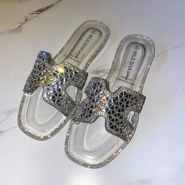 NEW 2x pairs 6 Clear Black Jelly Flat Sandals Wedding Slides Rhinestone Silver