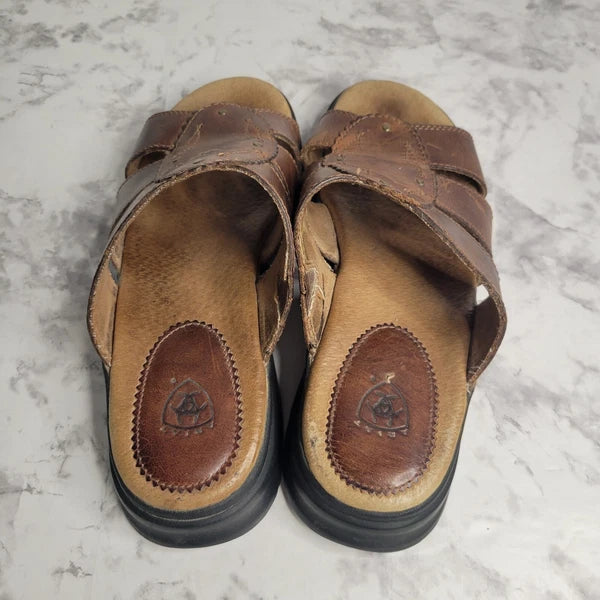 Ariat Brown Leathers Strap Brass Stud Slides Sandal Style 21443 Womens 6B Farm