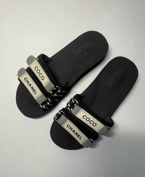 Chanel Coco Slides Black Size 39 Rubber Fabric Logo Sandals G34729 Women’s