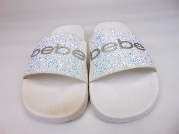 Bebe Womens Fraida Glitter Slide Fashion Sandals Flats Size 7.0 M, White Glitte