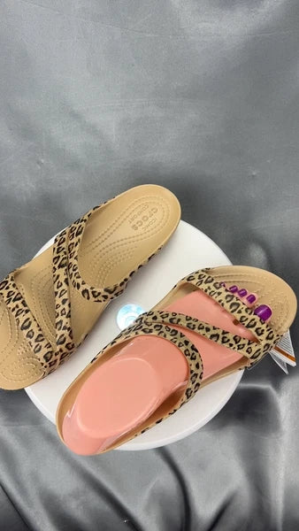 Crocs Kadee II Leopard Sandals Women's 7 Strappy Slides Spring Shoes 206894-90L
