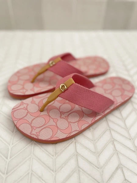 Coach Signature Zoe Flip Flop Sandals Pink 6 Flats Gold C Logo Designer Preppy
