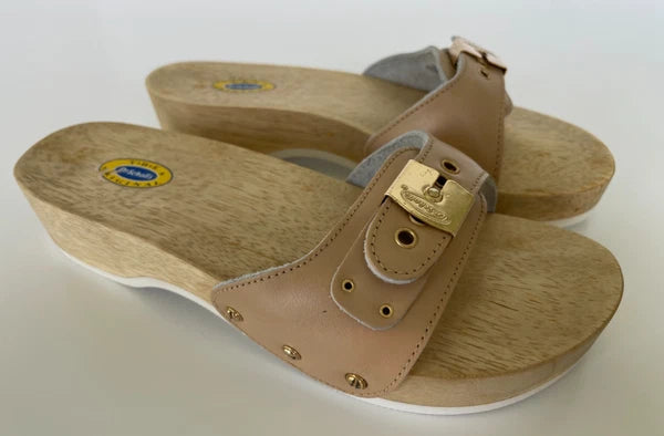 Dr. Scholl's The Original Wooden Sandals Slides Beige Leather Sz 5 M Brazil NEW