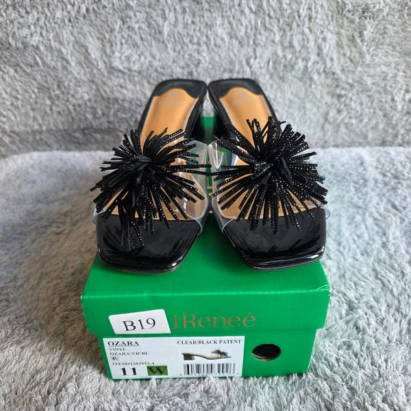 J. Renee Black Pom Pom Patent Clear Vinyl Heeled Sandals - Women's Size 11W