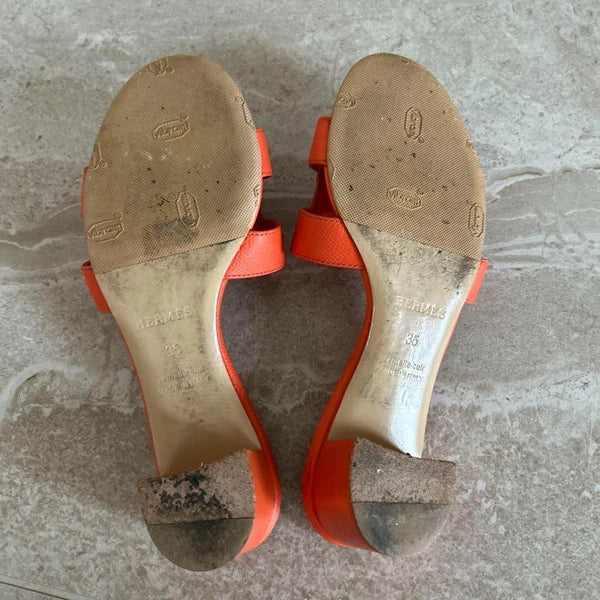 Hermes Orange Sandals Women Size 35 Leather Slide Shoes Classic Summer Style