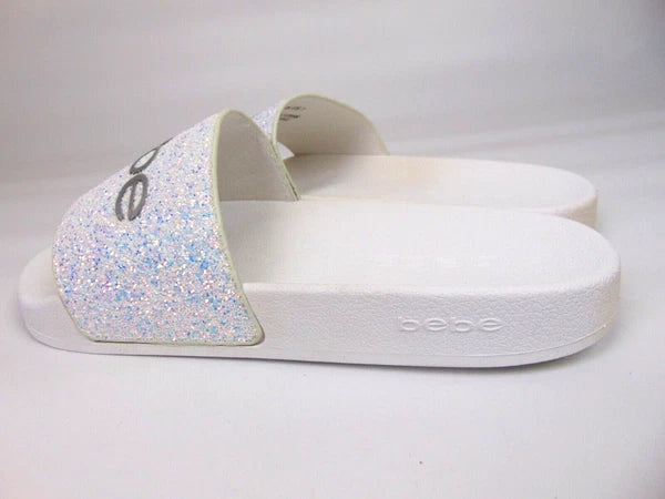 Bebe Womens Fraida Glitter Slide Fashion Sandals Flats Size 7.0 M, White Glitte
