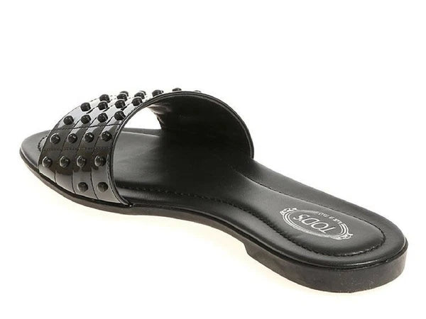 Tod's Women's fashion slip-on flat slide sandals black patent leather with studs