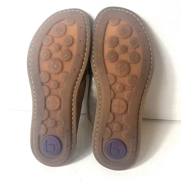 Bionica Womens 9.5M Gold Leather Cross Straps Slide Summer Casual Sandal Slip On